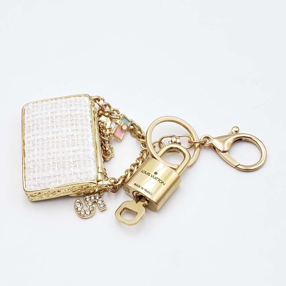 Authentic Louis Vuitton Padlock & Key Gold ✨Unbranded Tweed Bag Charm Keychain - Picture 4 of 8